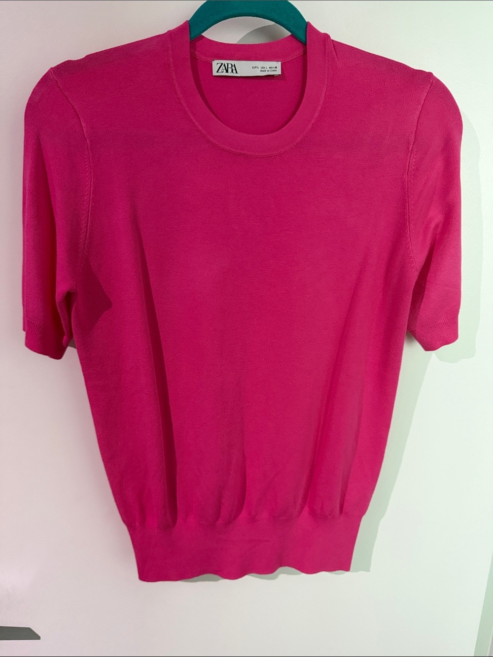 Zara Bright Pink Short Sleeve Crewneck Knit Top